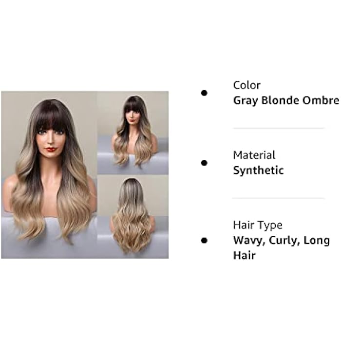 DILLARDS Emmor Long Ombre Gray Blonde Wave Wig With Bangs Dark Roots Curly Wig For Women Synthetic Wig Natural Looking Heat Resistant Fiber Wigs (B09X6Tx5Ym) - Image 3